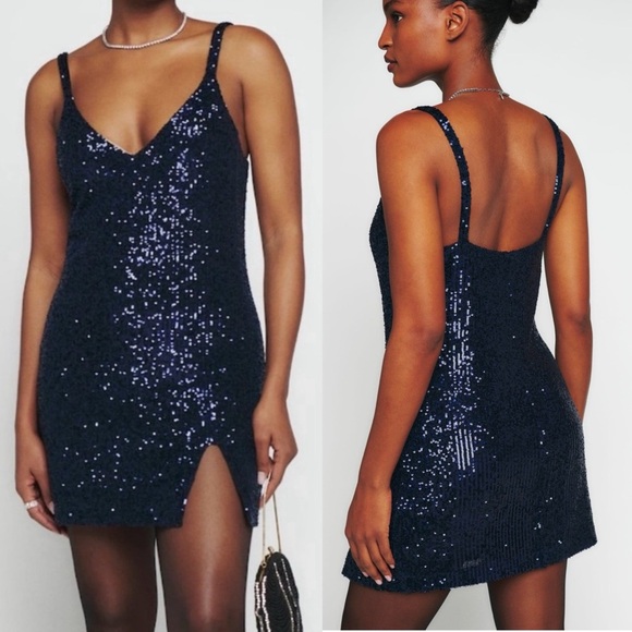 Reformation Jimmy Navy Sequin Mini‎ Dress NWT - Picture 3 of 9